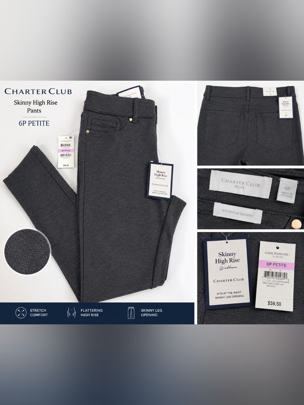 NWT Charter Club Windham Skinny High Rise Pants 6P Petite Gray Stretch Pull-On